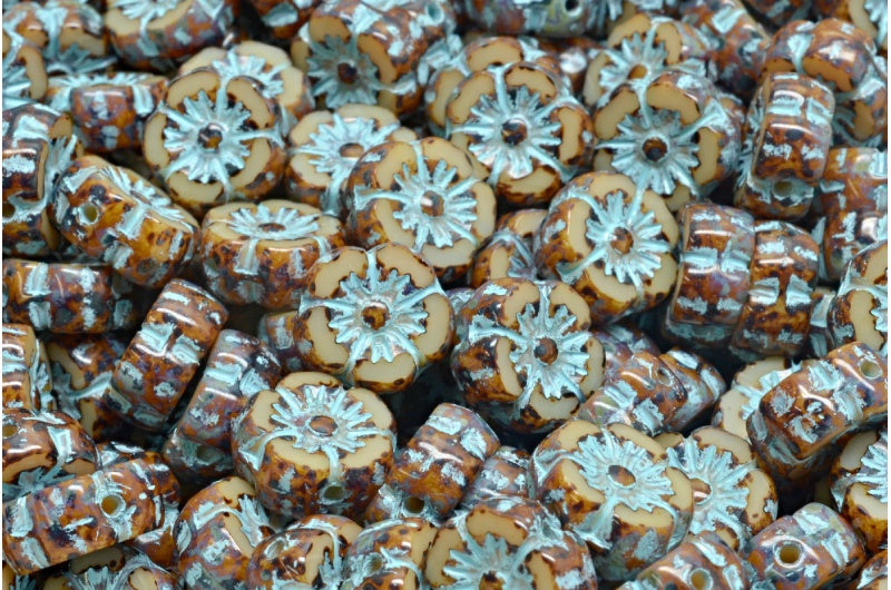 Table Cut Hawaii Flower Beads, Beige Travertin Light Blue Lined (11111-86800-54308), Glass, Czech Republic