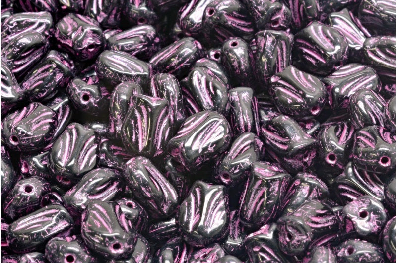 Mini Tulip Beads, Black Pink Lined (23980-54321), Glass, Czech Republic