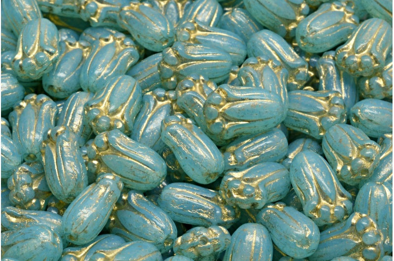 Tulip Bud Beads, Opal White Gold Lined Light Aqua Blue (01000-54302-34308), Glass, Czech Republic