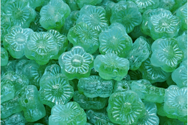 Sunset Flower Beads, 57008 Turqouise Spotted (57008-33309), Glass, Czech Republic