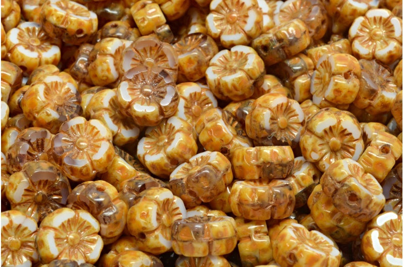 Table Cut Hawaii Flower Beads, White Transparent Light Amethyst Travertin Orange Spotted (02010-20310-86800-33302), Glass, Czech Republic