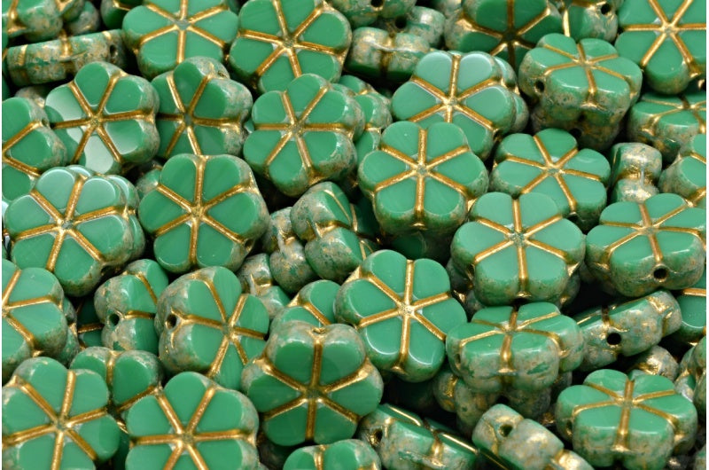 Table Cut Garland Flower Beads, Opaque Green Beige Travertin Spotted Gold Lined (53230-33301-54302), Glass, Czech Republic