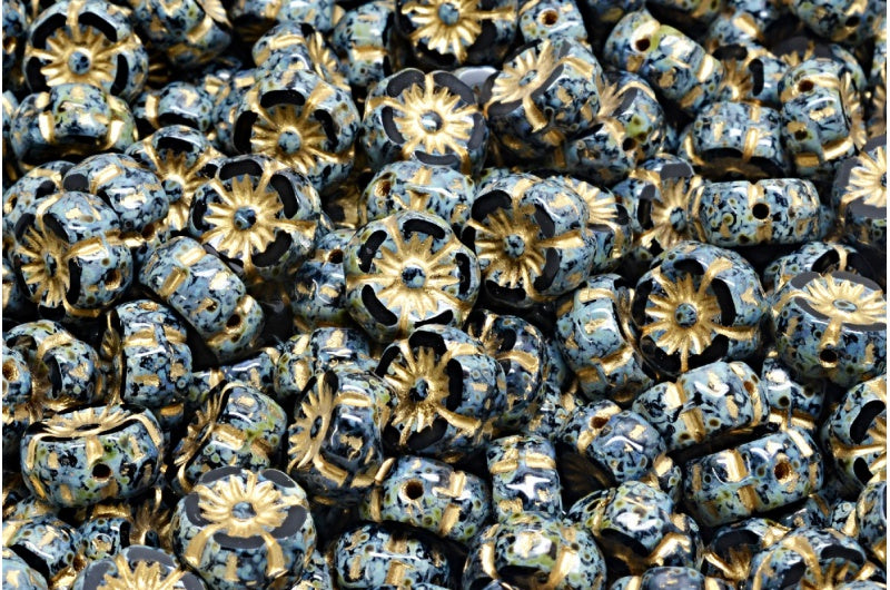 Sunset Flower Beads, Black Travertin Gold Lined (23980-86800-54302), Glass, Czech Republic