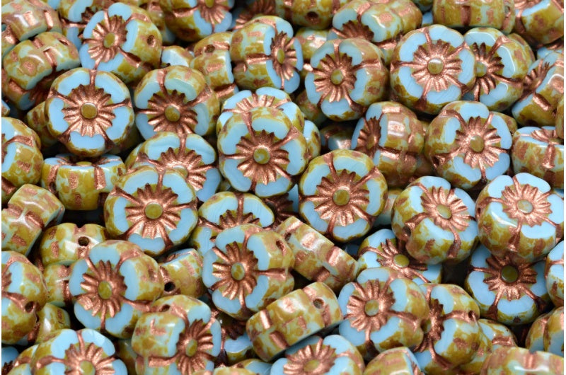 刻面夏威夷花珠,蓝色洞石内衬铜色(63010-86800-54307),玻璃,捷克共和国