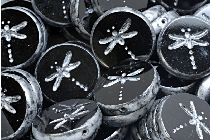 Daisy Flower Bead, Black Silver Splash (23980-86700), Glass, Czech Republic