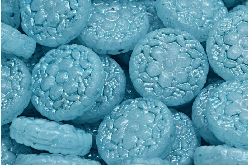 Spring Flower Round Beads, White F4301 Light Aqua Blue (R0201-F4301-34308), Glass, Czech Republic