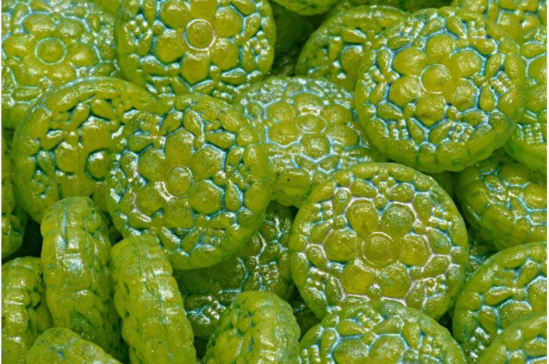 Spring Flower Round Beads, Yellow Opal Mix F4301 Light Aqua Blue (R0813-F4301-34308), Glass, Czech Republic