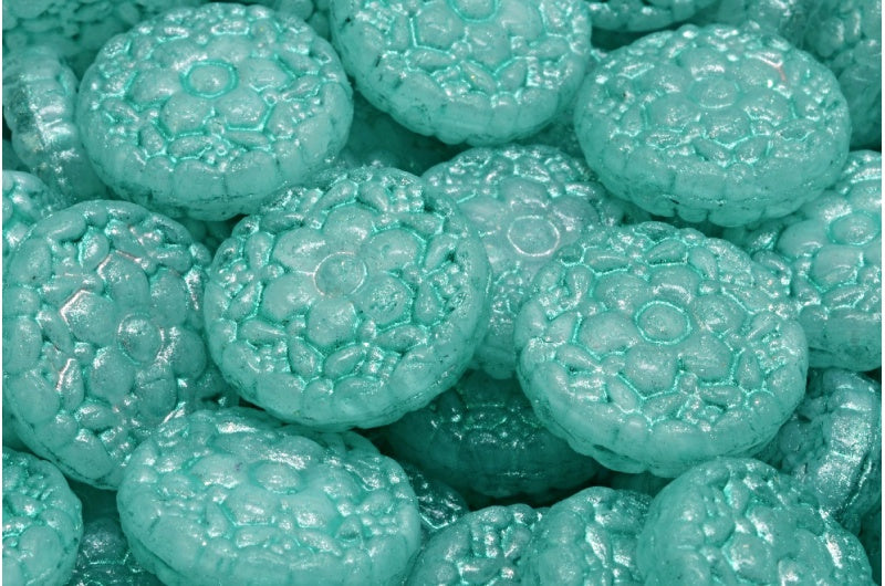 Spring Flower Round Beads, White F4301 Light Turquoise (R0201-F4301-34309), Glass, Czech Republic