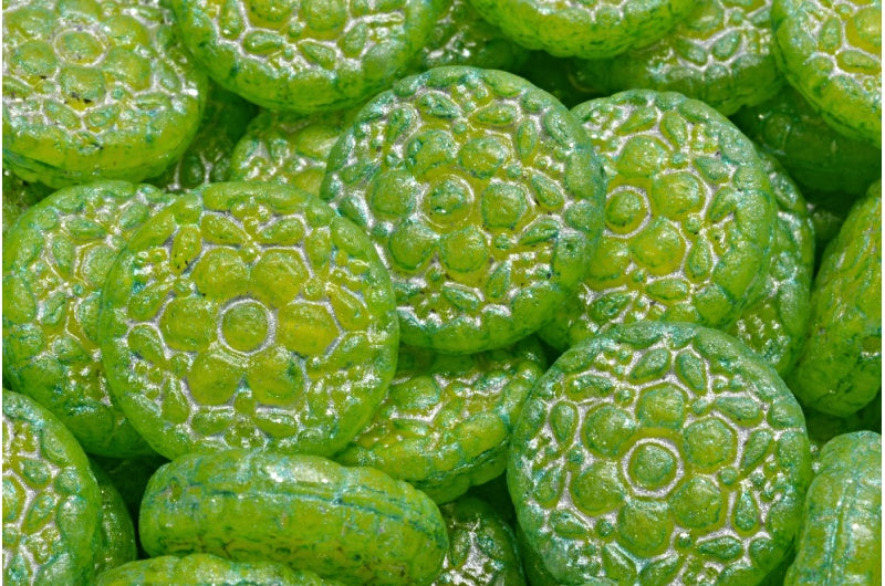 Spring Flower Round Beads, Yellow Opal Mix F4301 Light Turquoise (R0813-F4301-34309), Glass, Czech Republic