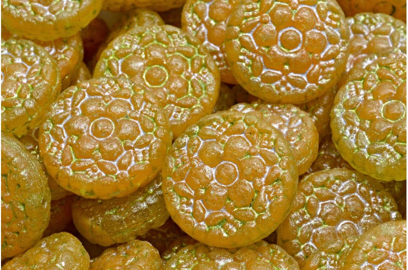 Spring Flower Round Beads, Orange F4301 Light Green (R0912-F4301-34310), Glass, Czech Republic