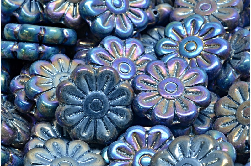 Daisy Flower Bead, Black Rainbow Iris (23980-21405), Glass, Czech Republic
