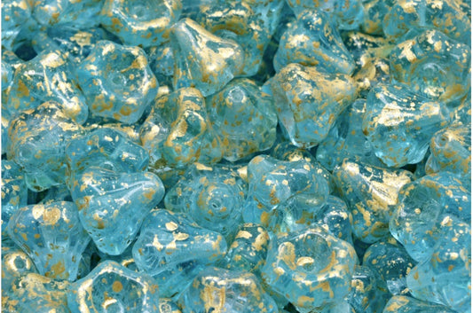 OUTLET 10 grams Flower Bell Beads, 9 x 9 mm, 20220 Transparent Aqua Gold Splash (20220-60000-94401), Glass, Czech Republic