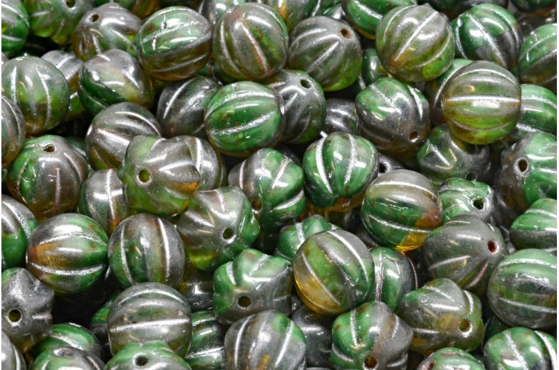 Melon Beads, Opaque Green Stain Strong Silver Lined (56018-86805-54301), Glass, Czech Republic
