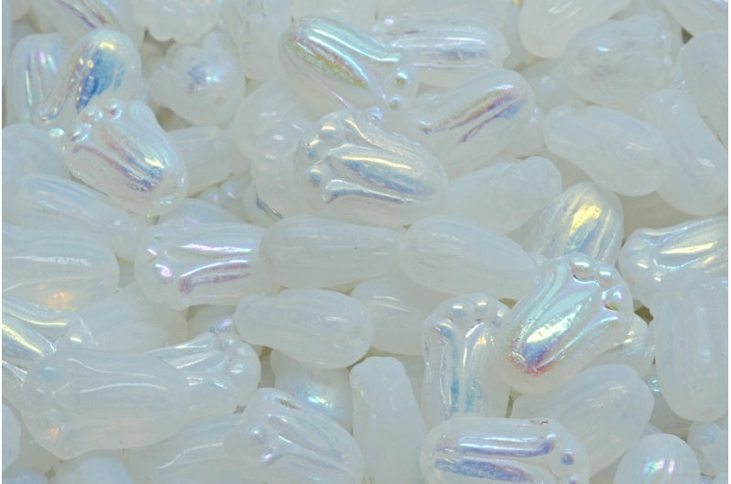 Tulip Bud Beads, Opal White Ab (01000-28701), Glass, Czech Republic