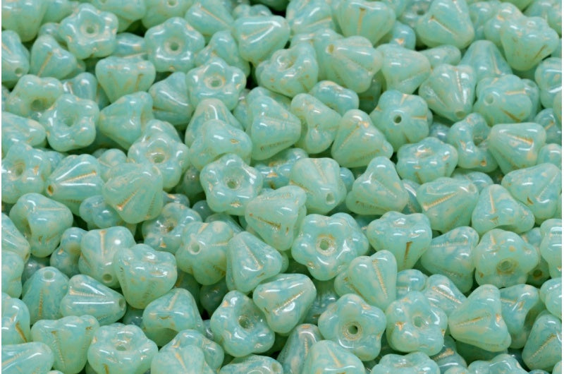 Bell Flower Beads, Opal Aqua Beige Travertin Spotted (61010-33301), Glass, Czech Republic