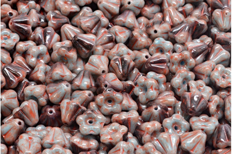 Bell Flower Beads, R2363 Beige Orange Spotted (R2363-33307), Glass, Czech Republic