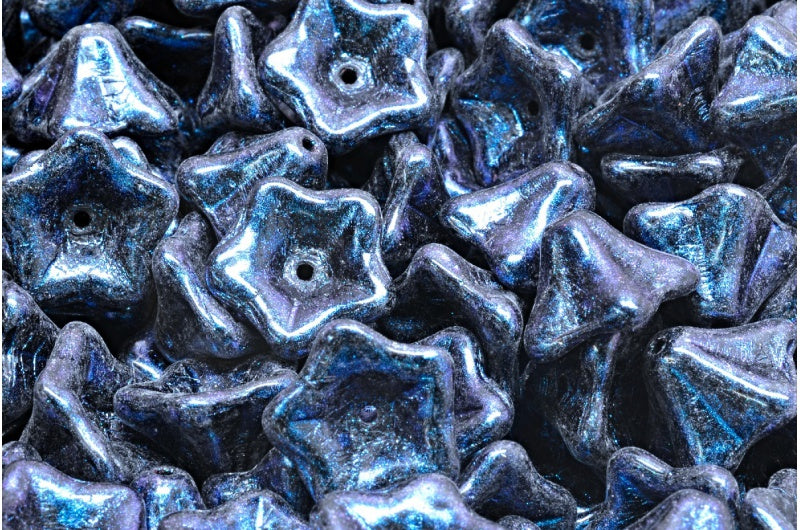 Petunia Flower Beads, Black Blue Iridiscent (23980-86966), Glass, Czech Republic