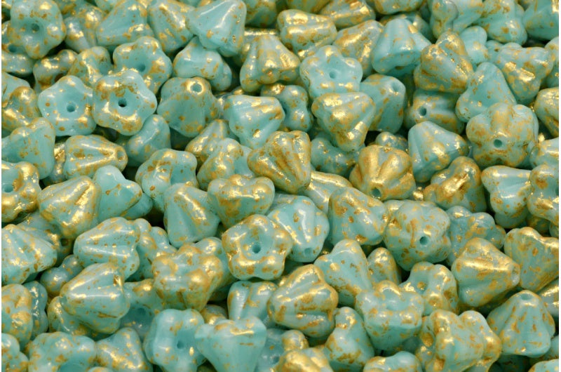 OUTLET 10 grams Bell Flower Beads, 4 x 6 mm, Opal Aqua Gold Splash (61400-94401), Glass, Czech Republic