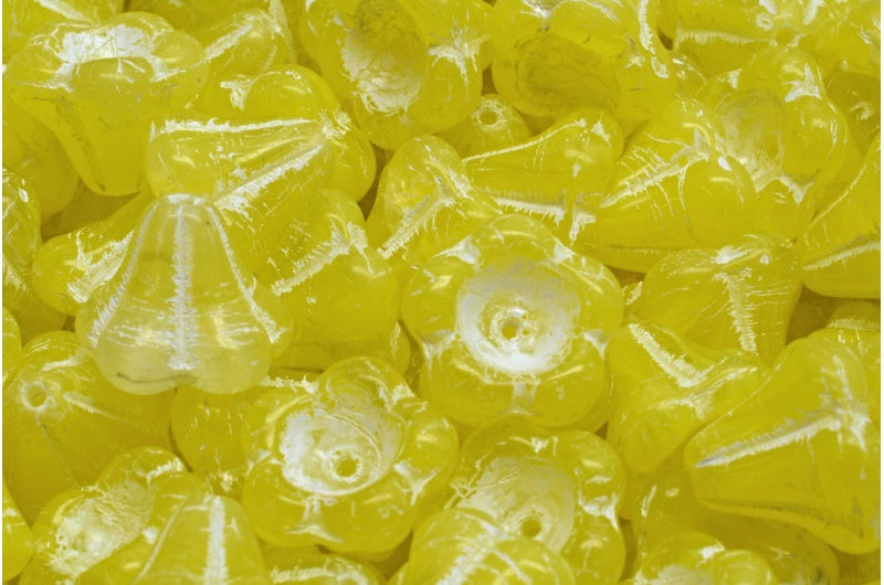 Bell Flower Beads, Yellow White Lined (R0812-54312), Glass, Czech Republic