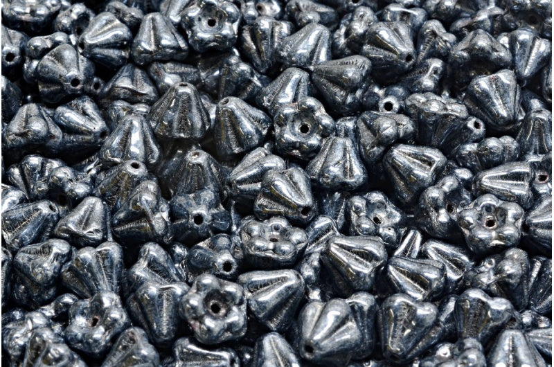 Bell Flower Beads, Black Hematite (23980-14400), Glass, Czech Republic