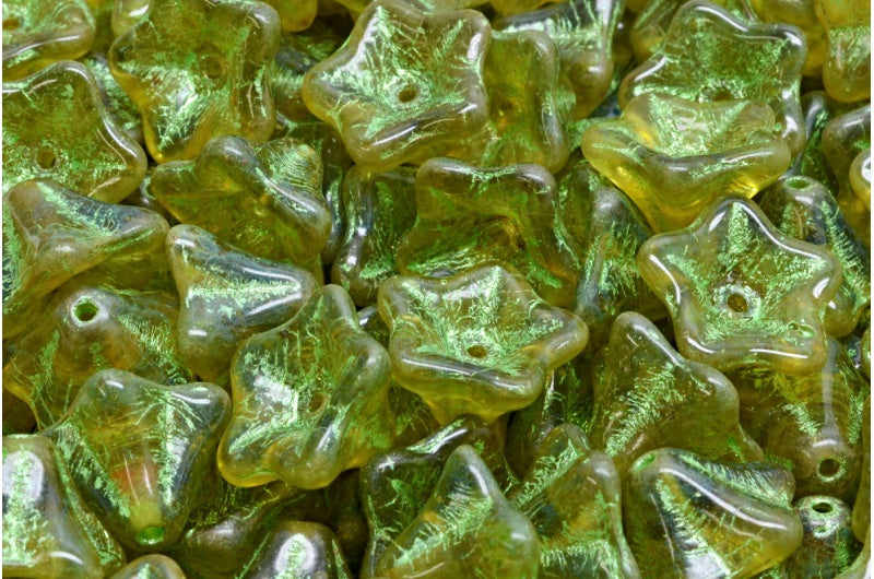OUTLET 10 grams Petunia Flower Beads, 8 x 13 mm, Transparent Green Stain Strong Green (50200-86805-43813), Glass, Czech Republic