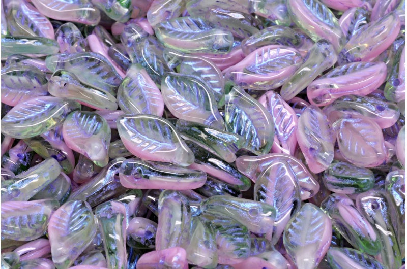 OUTLET 10 grams Bay Leaf Beads, 6 x 12 mm, Transparent Green Opaque Pink Blue Purple Lined (50520-76018-43809), Glass, Czech Republic