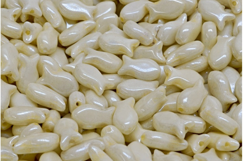 Simple Fish Beads, White Luster Yellow Full Coated (02010-14483), Glass, Czech Republic