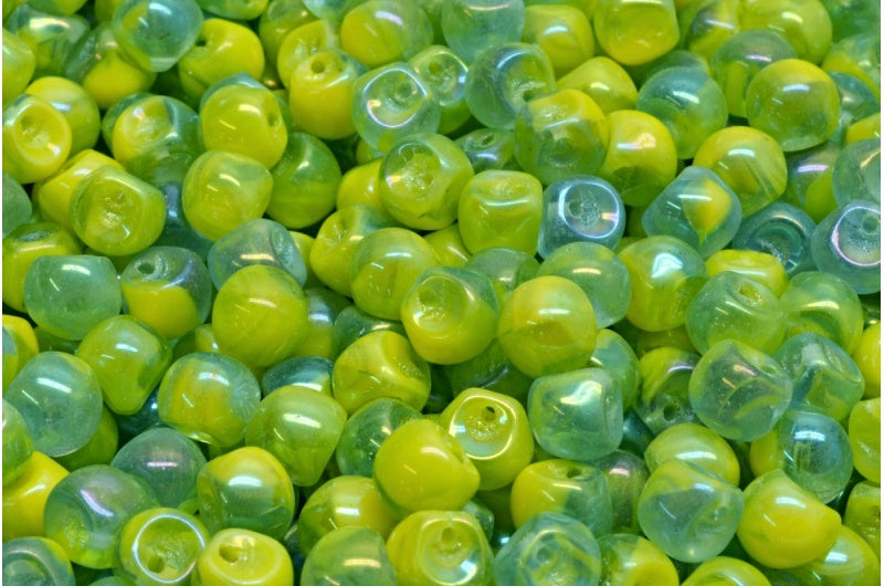 Mushroom Button Beads, Transparent Blue Opaque Yellow Rainbow Iris (30020-83130-21405), Glass, Czech Republic
