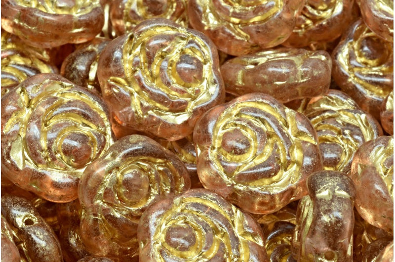 Flat Round Rose Flower Beads, Crystal Gold Lined Light Pink Peach (00030-54302-34305), Glass, Czech Republic