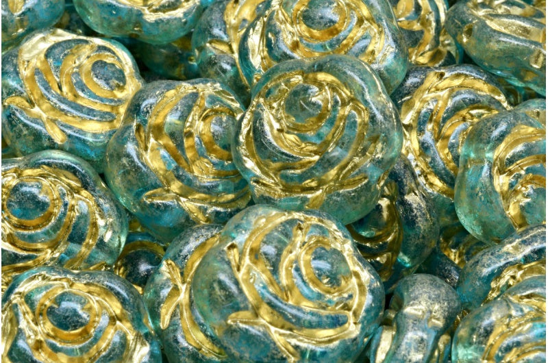 Flat Round Rose Flower Beads, Crystal Gold Lined Light Aqua Blue (00030-54302-34308), Glass, Czech Republic