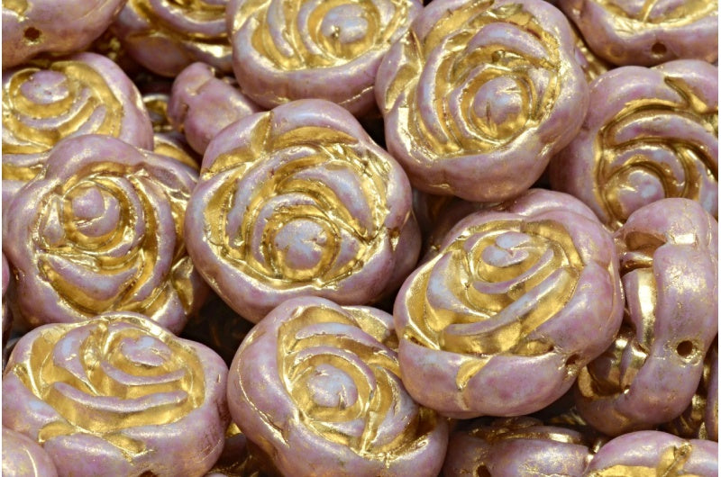 Flat Round Rose Flower Beads, White Gold Lined Light Fuchsia Pink (02010-54302-34306), Glass, Czech Republic