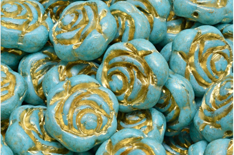 Flat Round Rose Flower Beads, White Gold Lined Light Aqua Blue (02010-54302-34308), Glass, Czech Republic