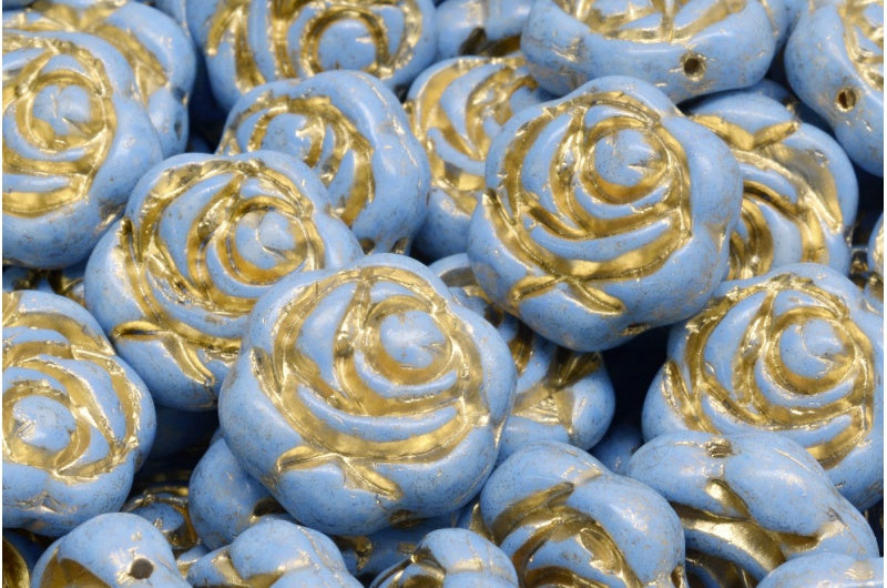 Flat Round Rose Flower Beads, White Gold Lined Blue Spotted (02010-54302-33308), Glass, Czech Republic