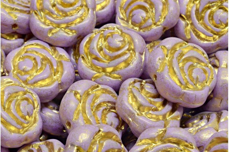 Flat Round Rose Flower Beads, White Gold Lined Cold Purple Spotted (02010-54302-33305), Glass, Czech Republic
