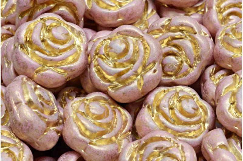 Flat Round Rose Flower Beads, White Gold Lined Warm Purple Spotted (02010-54302-33304), Glass, Czech Republic