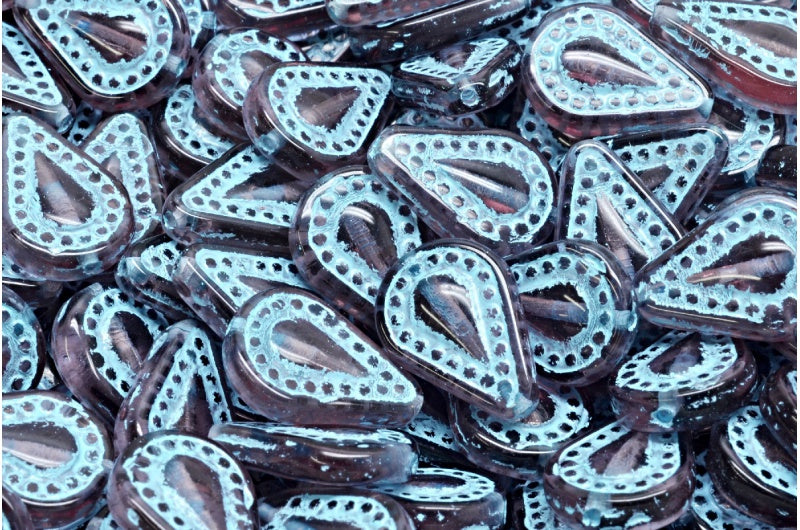 Filigree Teardrop Beads, Transparent Light Amethyst Light Blue Lined (20050-54308), Glass, Czech Republic