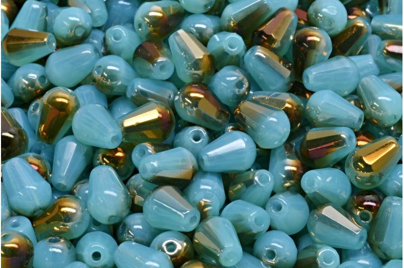Faceted Fire Polished Teardrop Beads, Opal Aqua Crystal Bronze Capri (61010-22601), Glass, Czech Republic