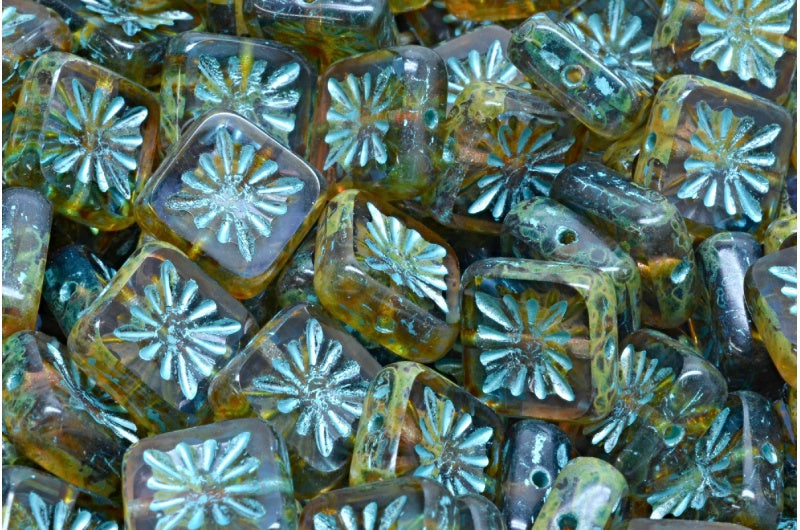 Table Cut Square Kiwi Beads, Transparent Light Amethyst Transparent Blue Travertin Light Blue Lined (20030-30020-86800-54308), Glass, Czech Republic