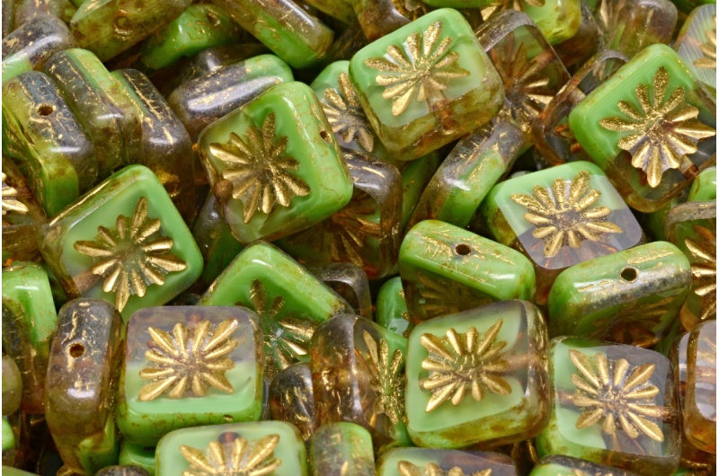 Table Cut Square Kiwi Beads, Opaque Green Stain Strong Gold Lined (56018-86805-54302), Glass, Czech Republic