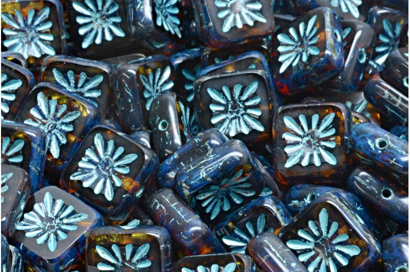 Table Cut Square Kiwi Beads, Orange With Brown Lines Travertin Light Blue Lined (18016-86800-54308), Glass, Czech Republic