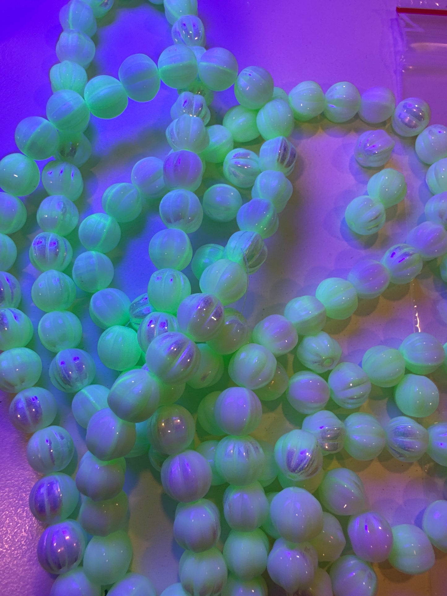 Melon Round Pressed Glass Beads With Stripes, Light Green Ab (07524-AB), Glass, Czech Republic