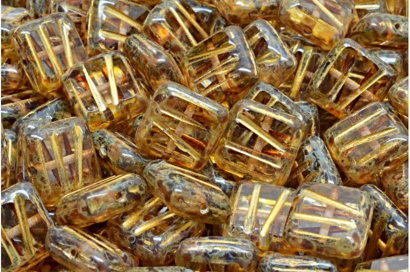 Table Cut Square Designed Beads, Crystal Travertin Gold Splash (00030-86800-86720), Glass, Czech Republic