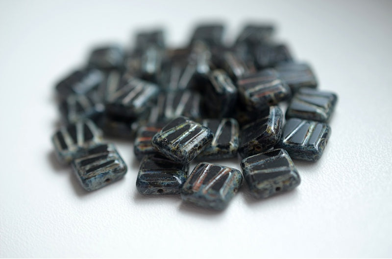 Table Cut Square Designed Beads, Black Travertin (23980-86800), Glass, Czech Republic