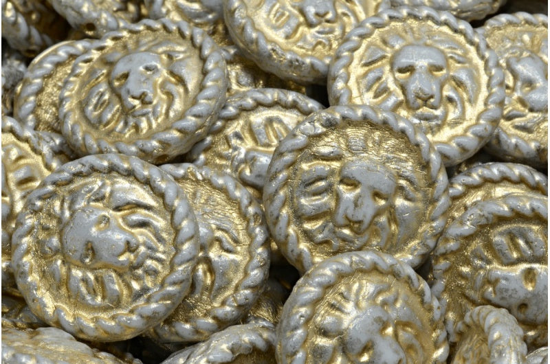 Lion Head Coin Beads, White Gold Lined Silver Gray (02010-54302-34301), Glass, Czech Republic