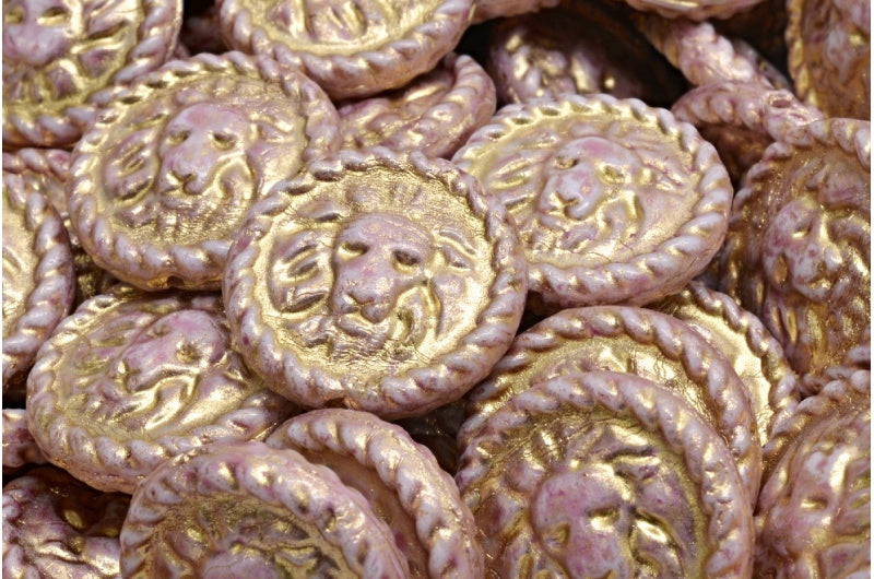 Lion Head Coin Beads, White Gold Lined Light Fuchsia Pink (02010-54302-34306), Glass, Czech Republic