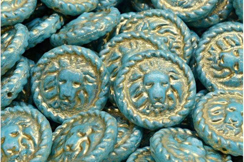 Lion Head Coin Beads, White Gold Lined Light Aqua Blue (02010-54302-34308), Glass, Czech Republic