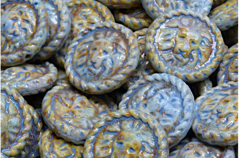 Lion Head Coin Beads, White Travertin Blue Spotted (02010-86800-33308), Glass, Czech Republic