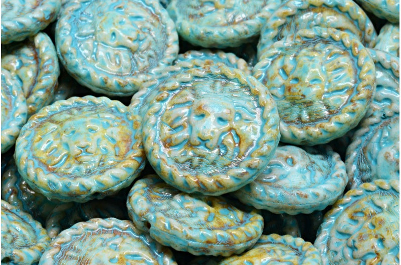 Lion Head Coin Beads, White Travertin Turqouise Spotted (02010-86800-33309), Glass, Czech Republic