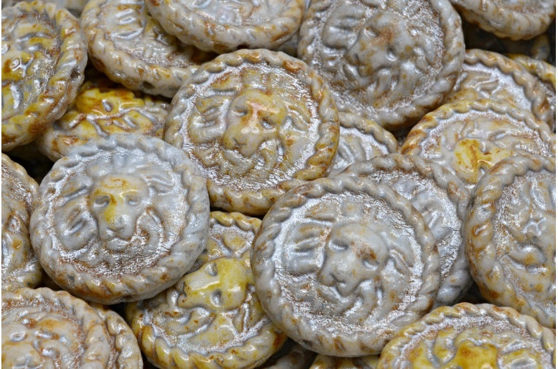 Lion Head Coin Beads, White Travertin Silver Lined (02010-86800-54301), Glass, Czech Republic