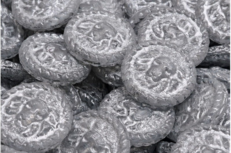 Lion Head Coin Beads, White Silver Lined (R0201-54301), Glass, Czech Republic